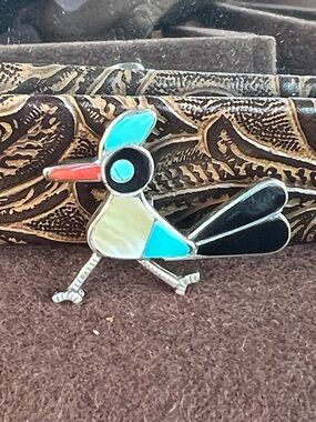 Southwestern Inlay Bird Pin with Turquoise & Black Accents